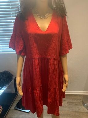 Fancyinn Red V-Neck Tiered Mini Dress